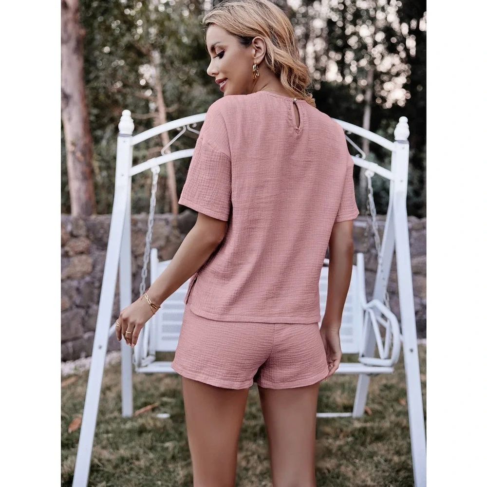 2 piece set: textured Pocket Patched Split Hem Top Shorts pink - Picture 2 of 11